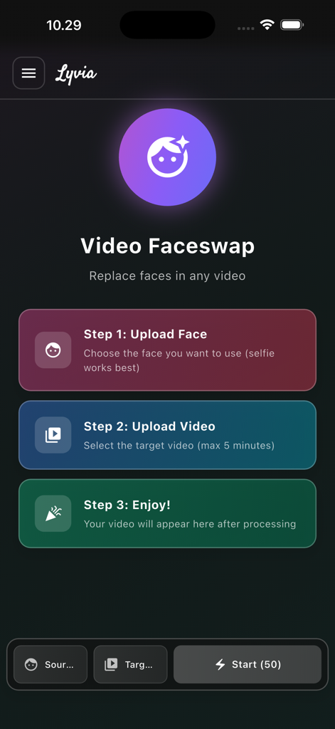 Lyvia - Screen from Lyvia app displaying a three step guide to create AI video faceswaps