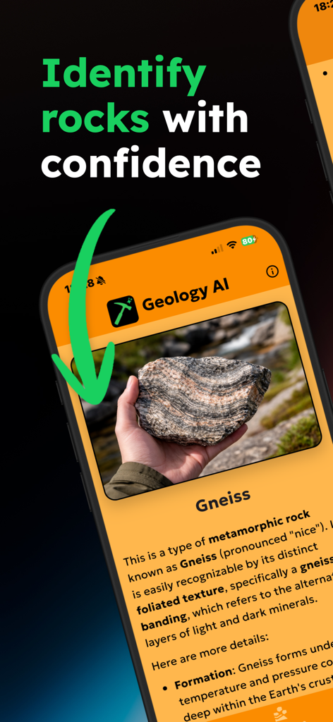 Geology Toolkit: AI Rock ID - Mobile app screen showing the scientific identification and detailed description of a Gneiss rock specimen