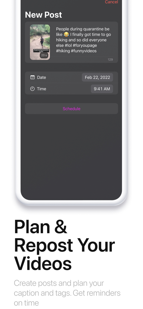 Interface do aplicativo SnapTk mostrando o recurso para planejar e agendar postagens de vídeo com legendas e hashtags.