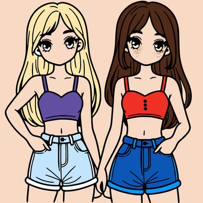 two sisters with crop tops and jean shorts and straight hair