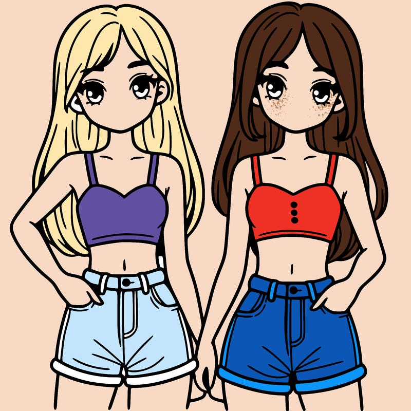 two sisters with crop tops and jean shorts and straight hair