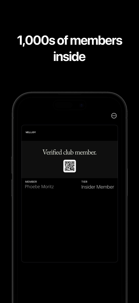 Cartão de membro digital para um membro verificado do círculo interno Velloy mostrando um código QR