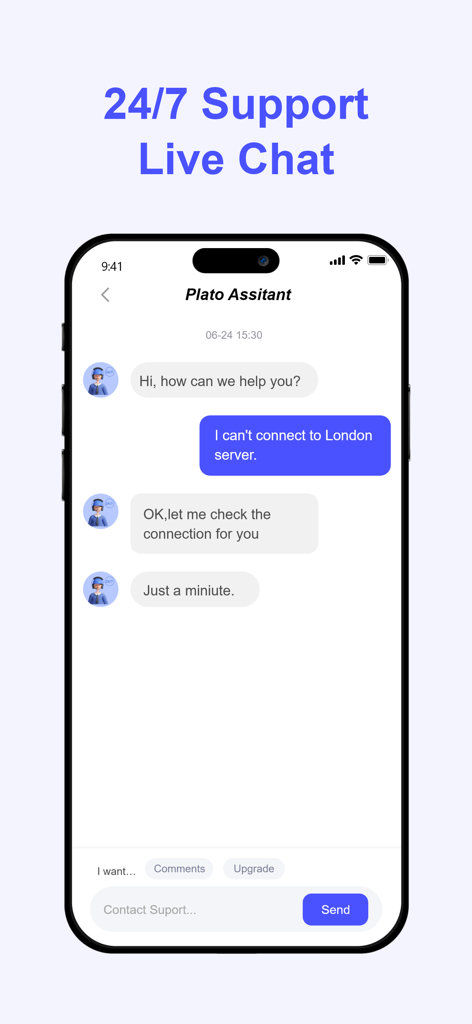 PlatoVPN Pro: Fast, Stable VPN - PlatoVPN Pro live chat support interface on an iPhone