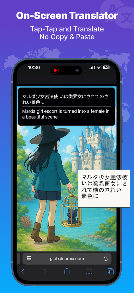 Screen Translator - Offline AZ - Interface of Screen Translator app translating Japanese manga text into English on a smartphone