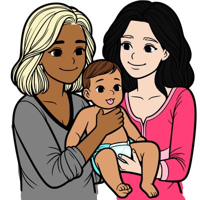 two realistic women holding one baby together