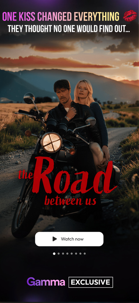 Un hombre y una mujer sentados en una motocicleta antigua al atardecer en un campo rural promocionando la serie de drama The Road Between Us.