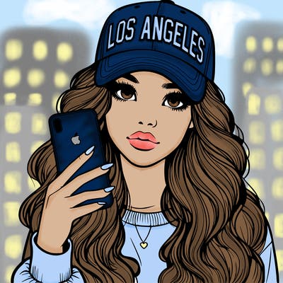 realistic beautiful girl wearing los ángeles cap holding an iphone