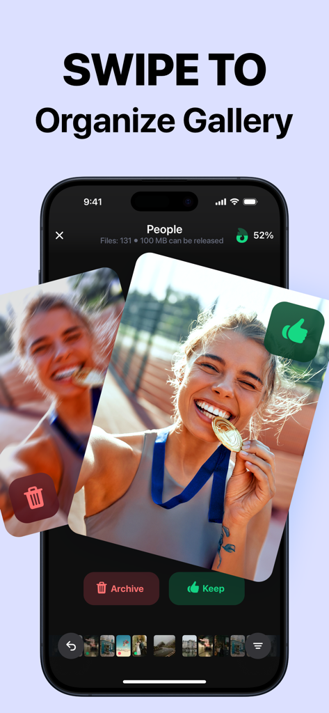 iPhone screen showing Cleaner Kit app feature to swipe and organize gallery photos