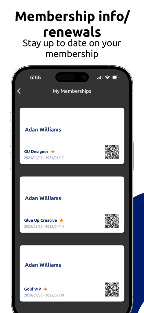 My Glue from Glue Up - Digital membership cards with QR codes displayed on the My Glue app screen