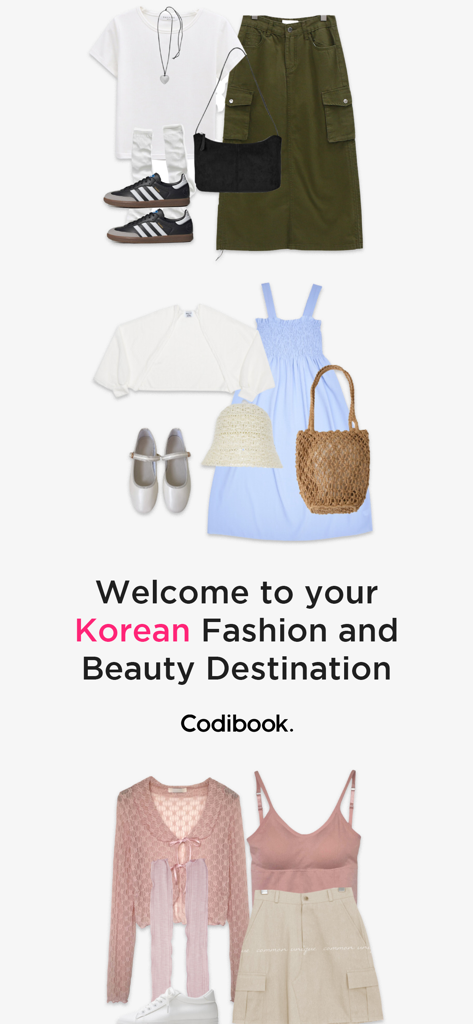 Codibook - Tela de boas-vindas do aplicativo Codibook com conjuntos de looks de moda coreana selecionados com combinações de roupas aesthetic