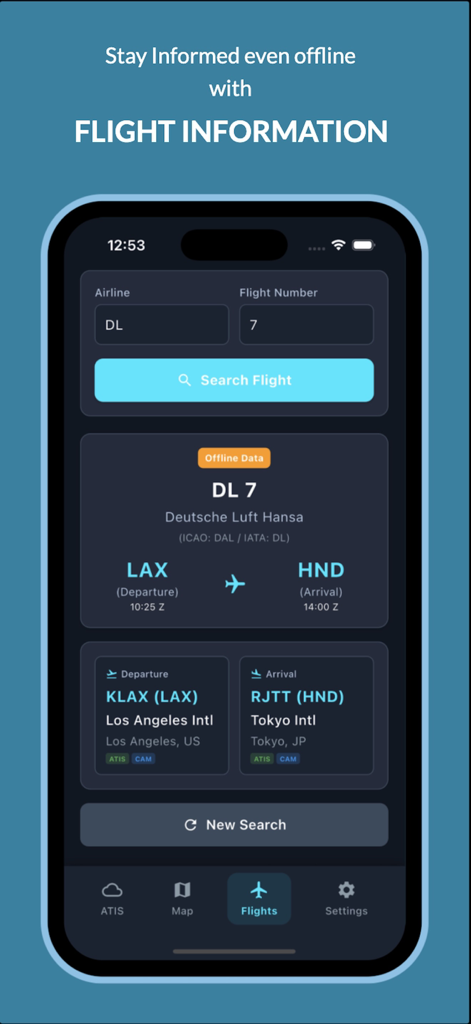 ATISVIEW app screen displaying offline flight information and departure arrival details for a commercial flight