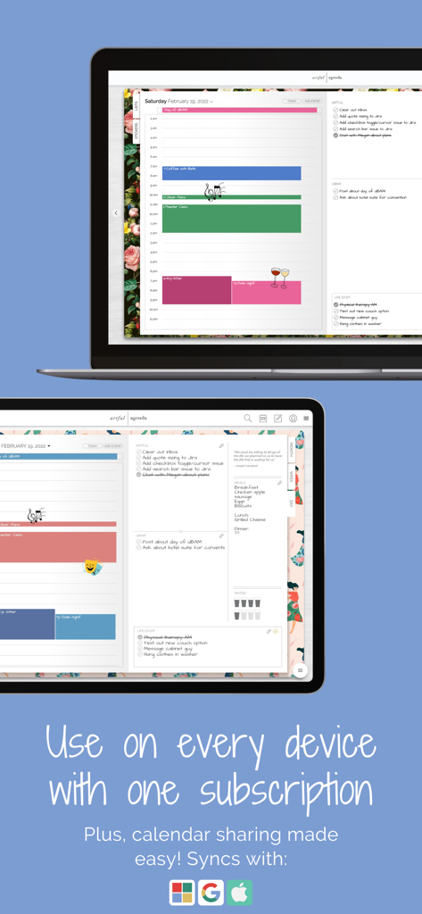 Artful Agenda digital planner interface shown on a laptop and tablet with calendar sync options.
