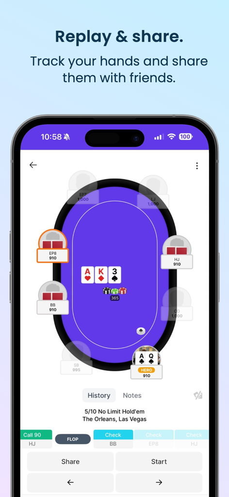 Pokerbase - Tracking & Staking - ポーカーセッションの追跡と共有のためのカードとチップ数を示すポーカーハンドリプレイインターフェース。