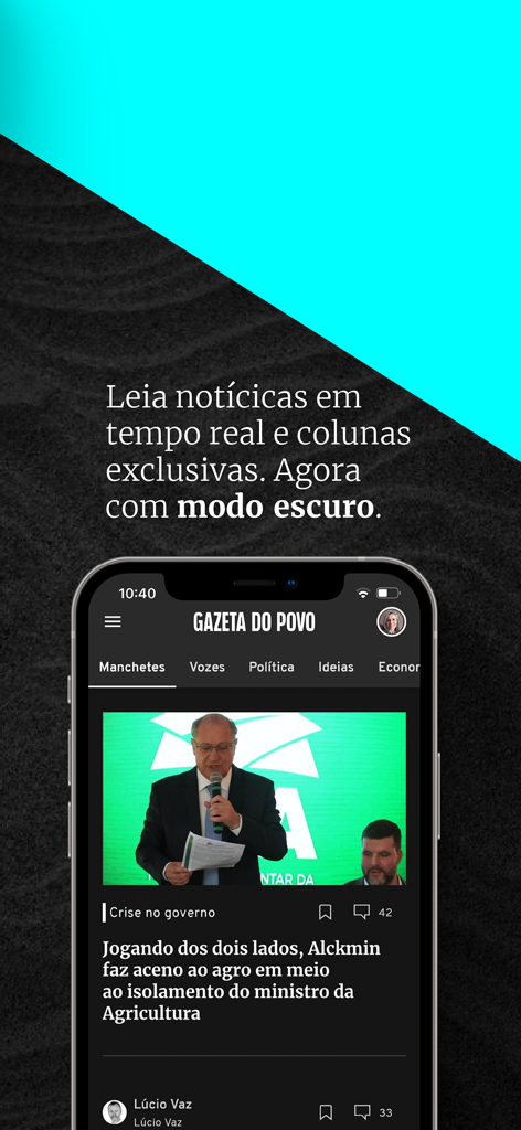 Gazeta do Povo - Gazeta do Povo Brazilian news app interface in dark mode.