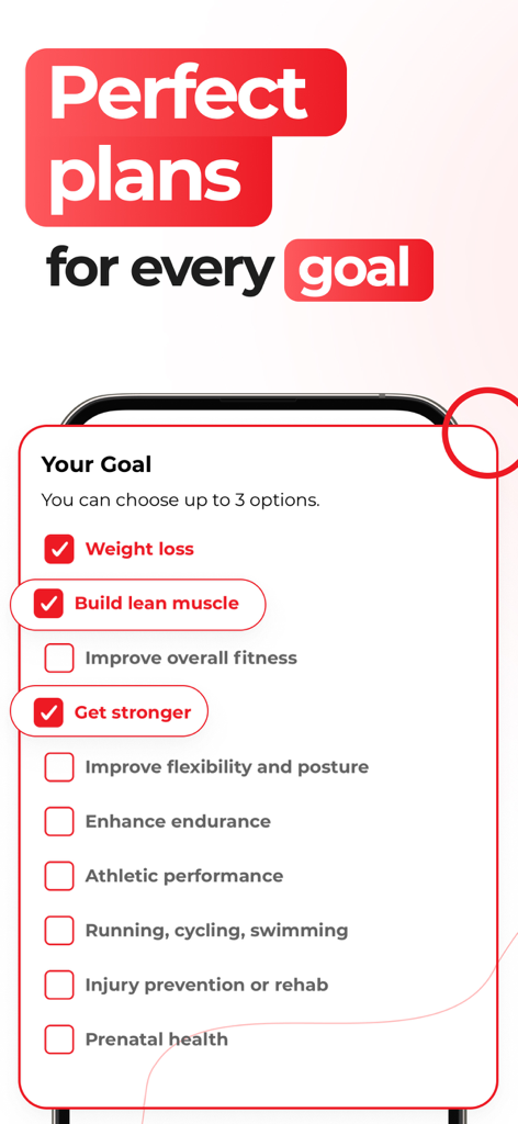 HASfit: Home Workout Programs - HASfit mobile app screen showing options to select fitness goals like weight loss, lean muscle, and strength.