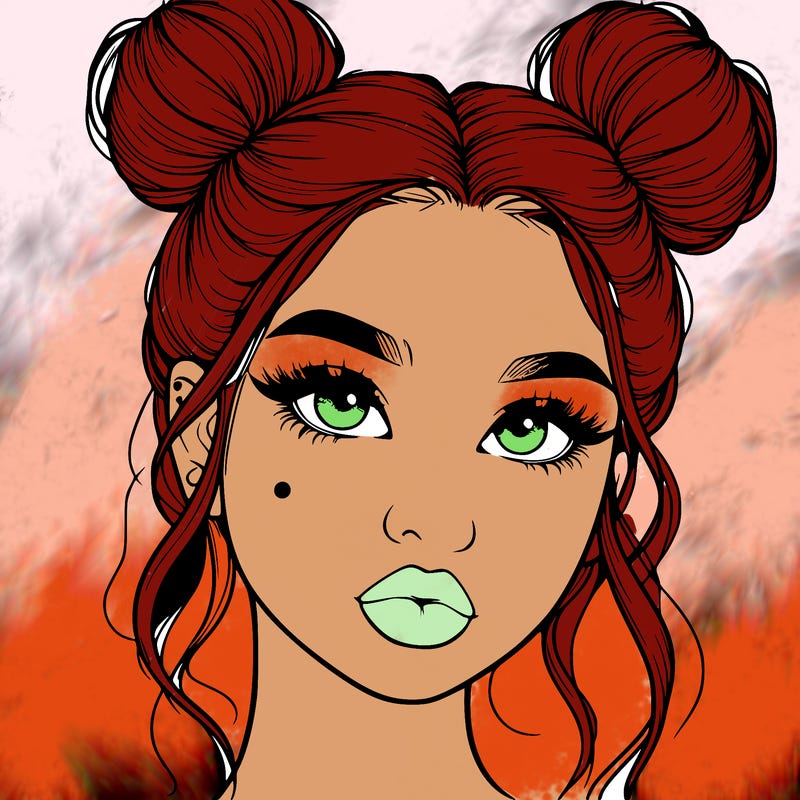 realistic girl with two buns on her hair and lips