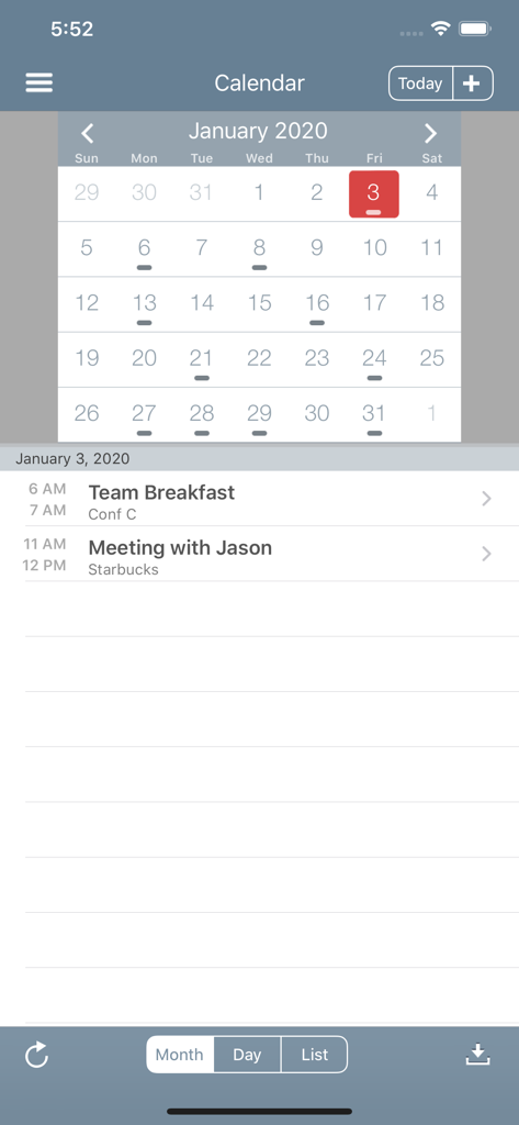 Mail+ for Outlook - Vista de calendario en la aplicación Mail plus para Outlook mostrando una vista mensual y el horario diario con citas