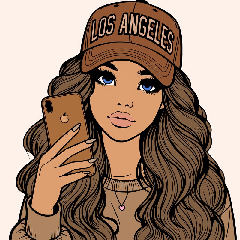 realistic beautiful girl wearing los ángeles cap holding an iphone