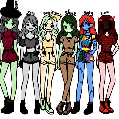 a group of girls wearing crop tops and shorts