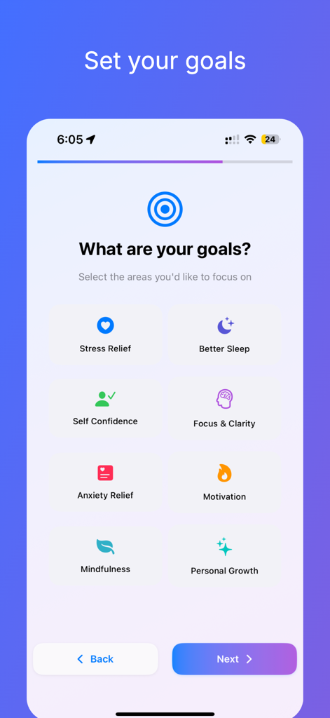 Innerbloom: Calm, Sleep, Focus - Tela de integração do aplicativo Innerbloom mostrando várias opções de metas de bem-estar como alívio do estresse, melhor sono e foco