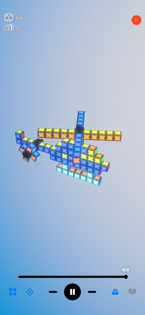 TOSY Magnet Play - A 3D interactive building guide for a helicopter made of glowing magnet blocks in the TOSY Magnet Play app