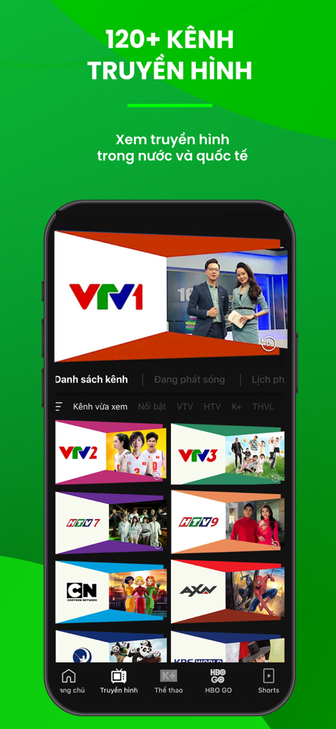 VieON app interface displaying over 120 domestic and international live TV channels including VTV and HTV.