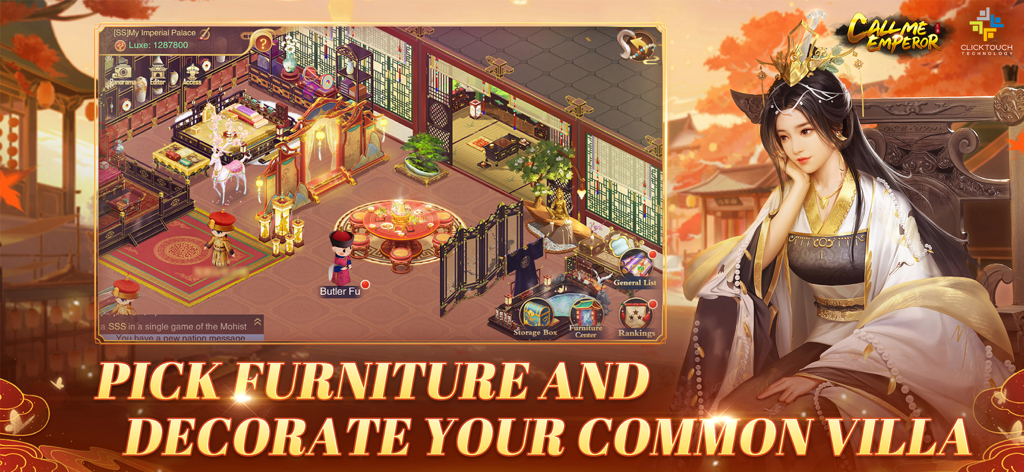 Interior decoration interface of the DIY Villa feature in Call Me Emperor mobile game showing ancient Chinese furniture and a noble consort character.
