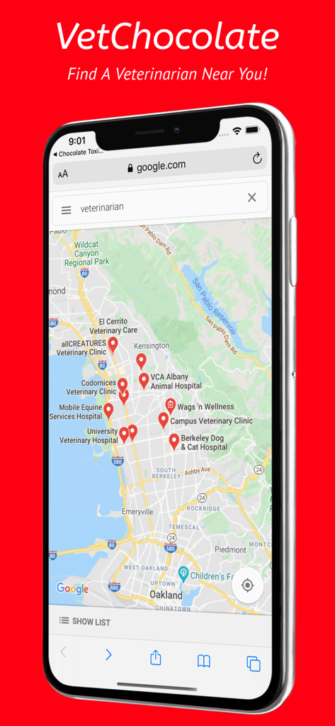 Mapa de la aplicación VetChocolate mostrando ubicaciones de veterinarios cercanos