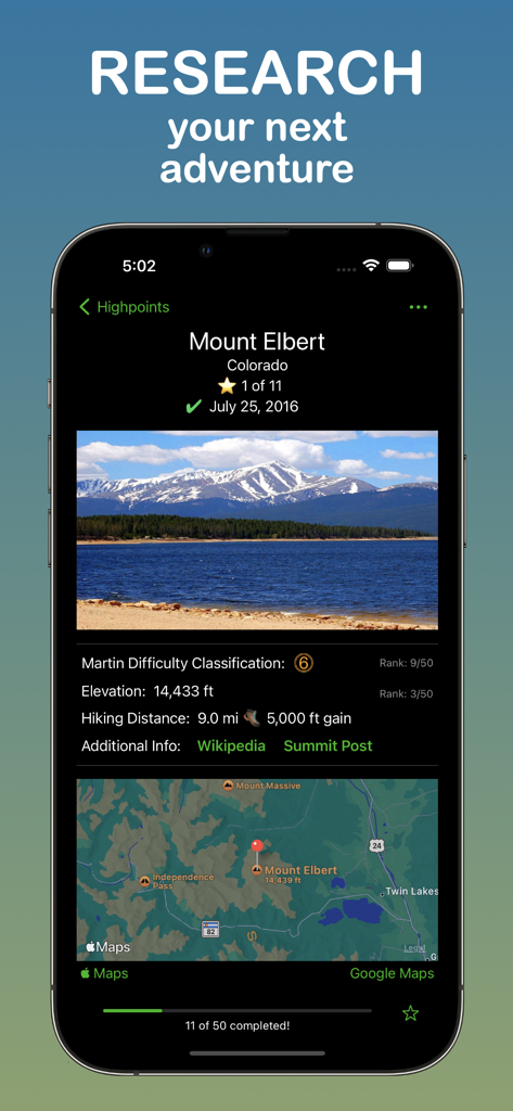 Highpointer - Research page for Mount Elbert in Colorado on the Highpointer app showing elevation and hiking details
