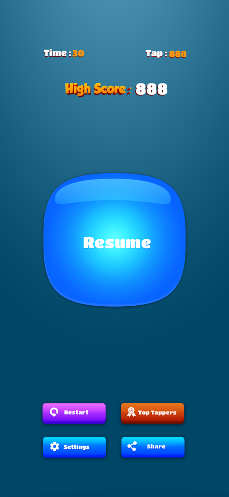 Speed Tapping Game - Speed Tapping Game interface showing a high score of 888 with a resume button and navigation options