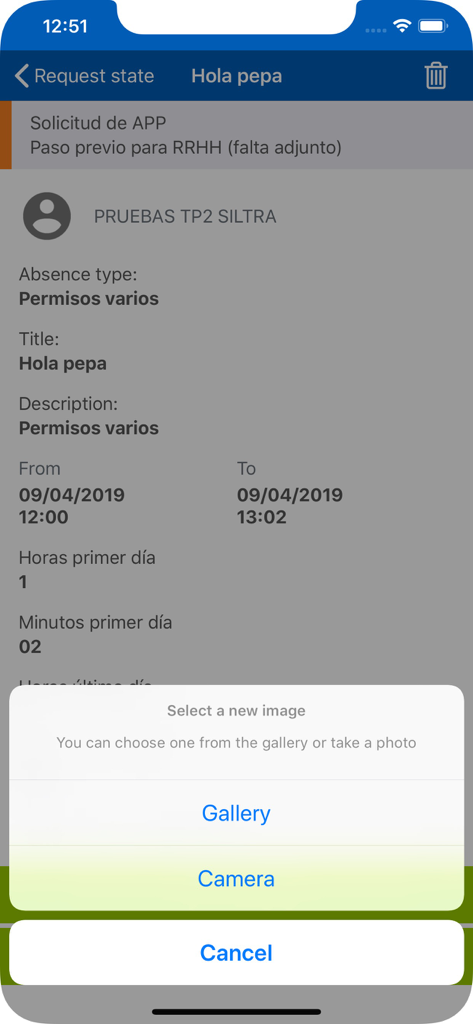 Epsilon 3 Mobile - Epsilon 3 Mobile HR app interface showing an absence request details screen with an image upload selection menu.