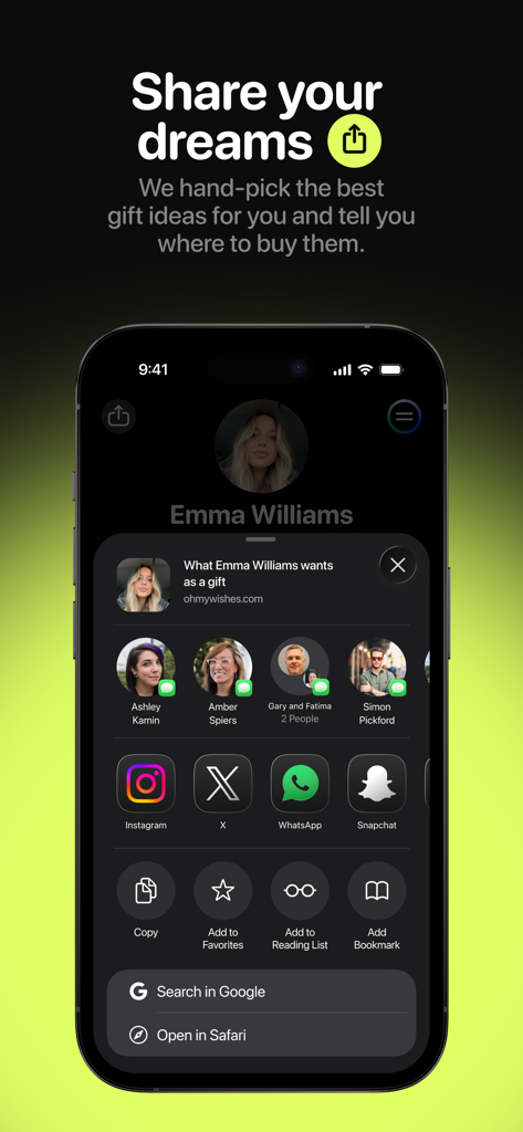 Smartphone display of the Ohmywishes app share menu for sending gift lists to social media and contacts.