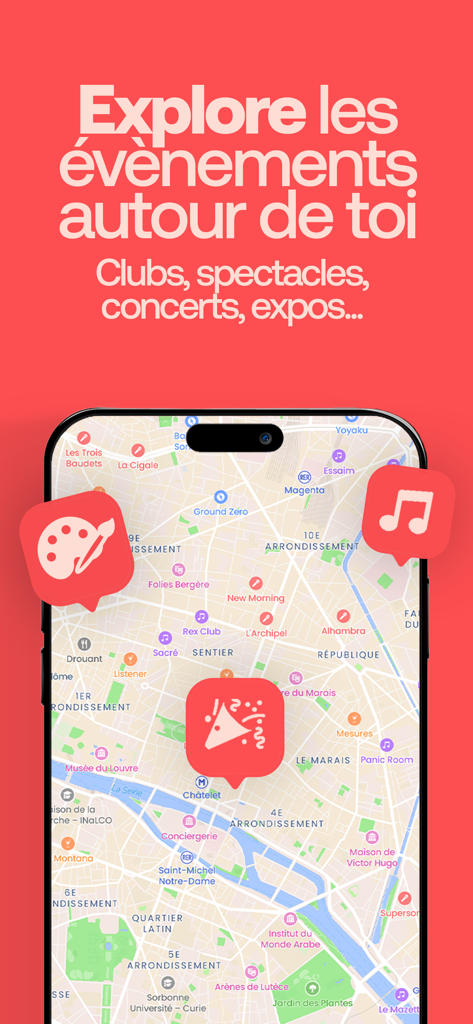 durevie: agenda sorties & news - Una pantalla de smartphone mostrando el mapa interactivo de la aplicación Durevie para descubrir clubes y conciertos en París