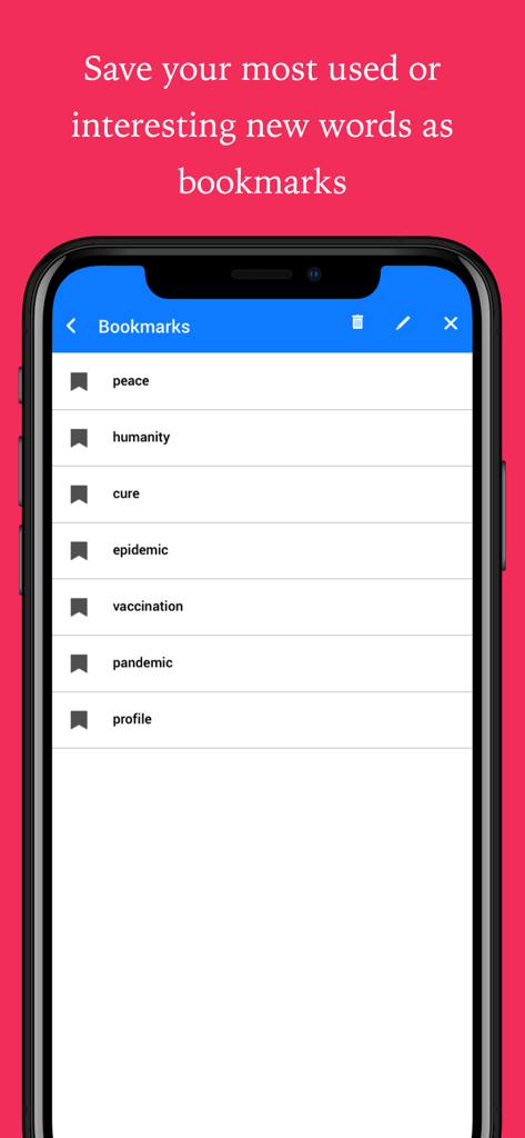 English Dictionary app bookmarks screen showing a list of saved words