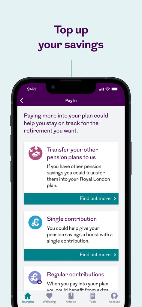 Royal London - Royal London app screen showing options to top up savings through pension transfers and contributions