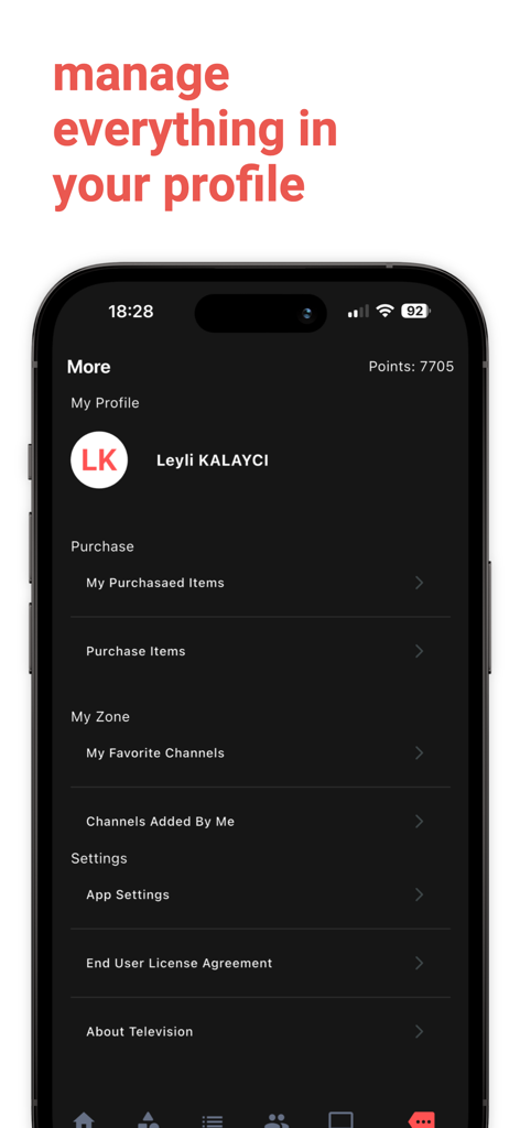 A screenshot of the user profile and settings menu in the Television IPTV app showing options for favorites and purchases.
