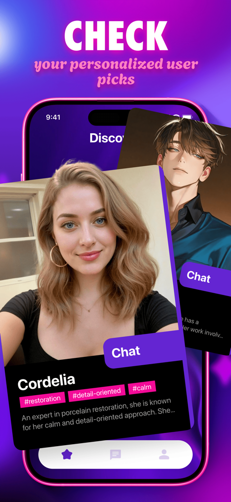 Pantalla de la aplicación móvil que muestra selecciones de personajes de IA personalizados y perfiles de chat en Sitalk