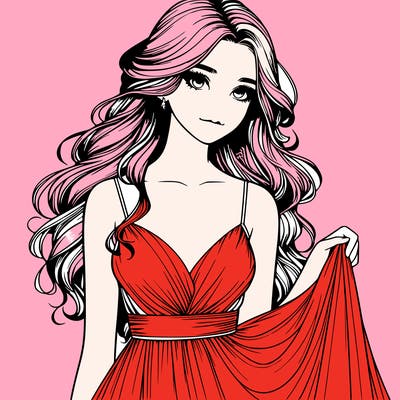 realistic girl in flowy silky prom dress