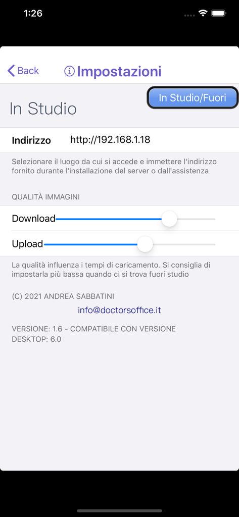 Doctor's Office 2021 - Einstellungsbildschirm der medizinischen App mit Serveradresse und Reglern für die Bildqualität.