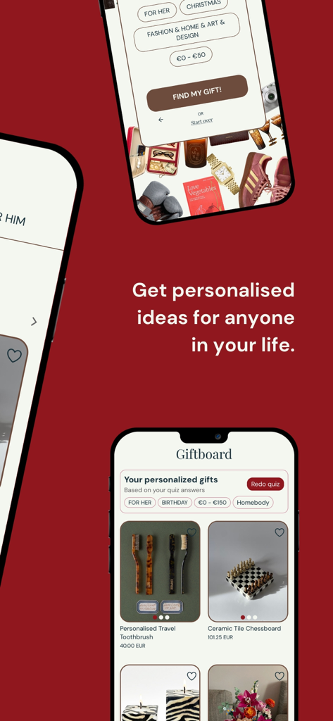 GiftBoard - GiftBoard mobile app interface showing a gift quiz and curated personalized gift ideas like a travel toothbrush and a ceramic chessboard