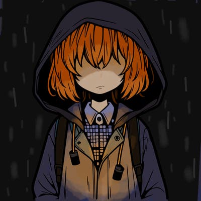 little anime girl in a raincoat her hair is covering her eyes she has a lighter