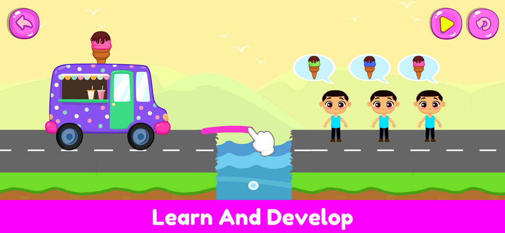 Un camión de helados morado frente a un hueco en la carretera mientras una mano dibuja un puente para que llegue a los niños