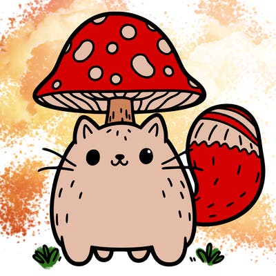 a cat that stands on 2 feet that has a mushroom on his head.