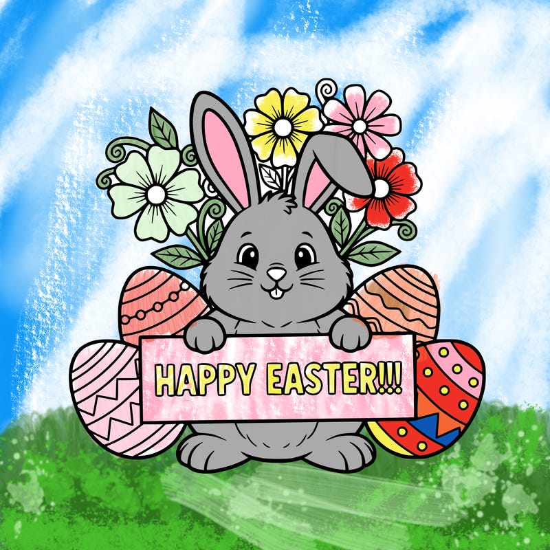 a bunny with eggs surrounding the bunny and the bunny holding a sign that says happy easter!!! and there are flowers where the bunny’s ears are