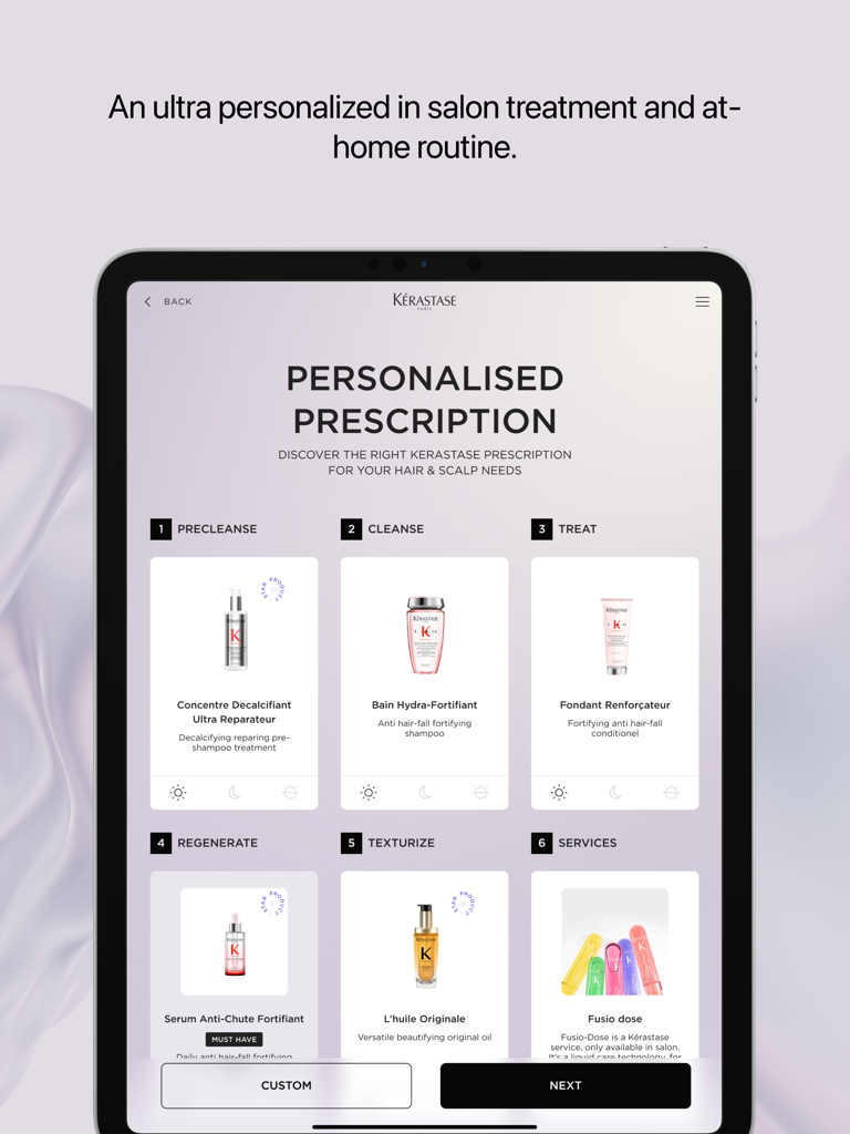 iPad screen displaying a personalized hair care routine with Kerastase products