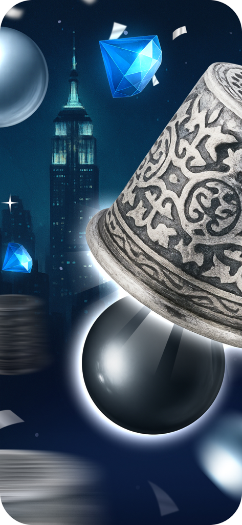 Cup Trick Hustle - An ornate cup revealing a black ball in front of an urban night skyline with blue diamonds.