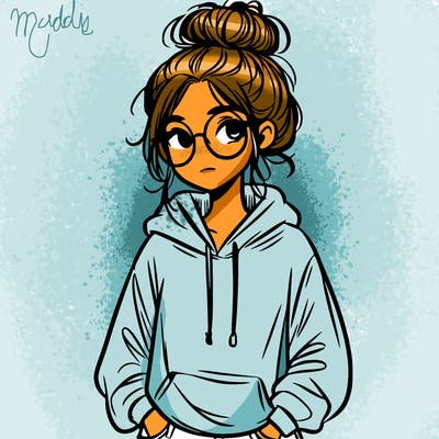 teen girl with a messy bun and glasses wearing a loose hoodie and jeans
