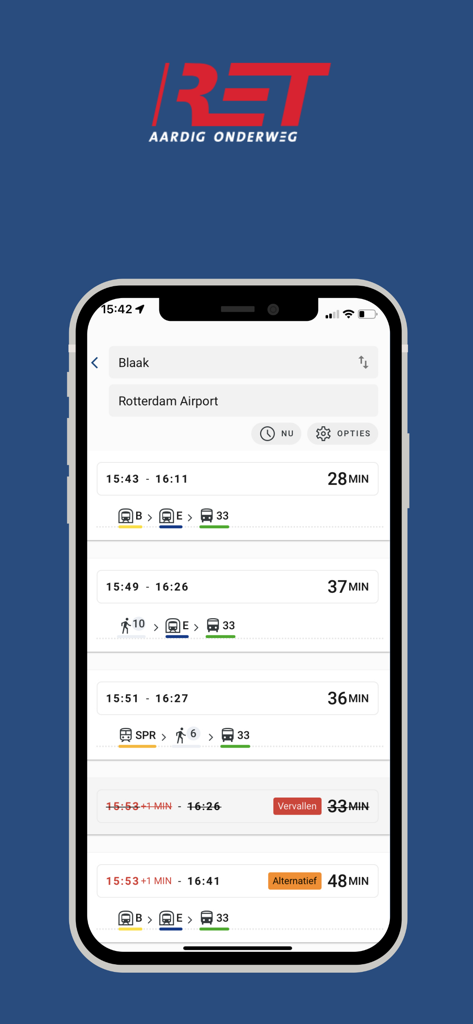 RET - RET 앱 여행 플래너 화면으로 Blaak에서 로테르담 공항까지의 교통편 경로와 실시간 출발 시간이 표시됩니다.