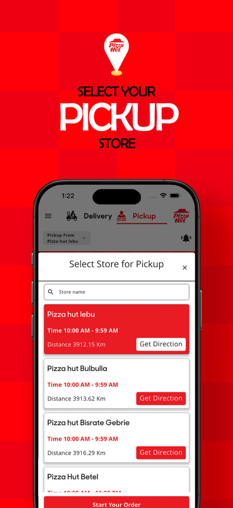 Pizza Hut Ethiopia - Pizza Hut Ethiopia app interface for selecting a pickup store location