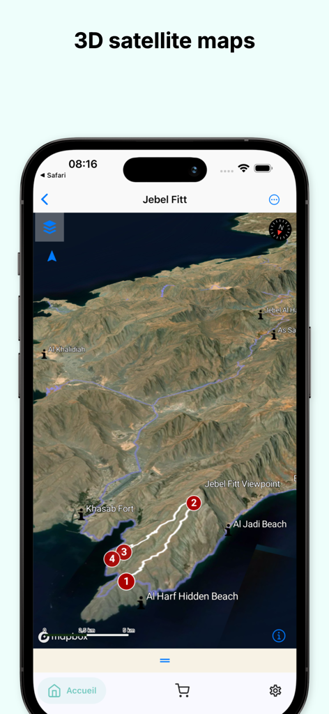 Overland Map - 3D satellite map view of mountainous terrain with waypoints in Overland Map app